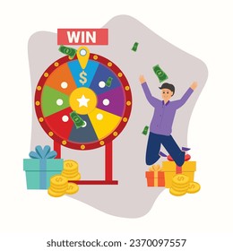 Fortune wheel with young boy , man spinning roulette wheel. Risk game and casino lottery vector concept. Illustration of winner people , man in casino , Win the contest