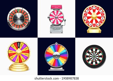Fortune Wheels. Casino Roulette, Spin To Win Game And Dart Board. Lucky Chance Wheel Realistic 3D Vector Layered For Animation Illustration Set