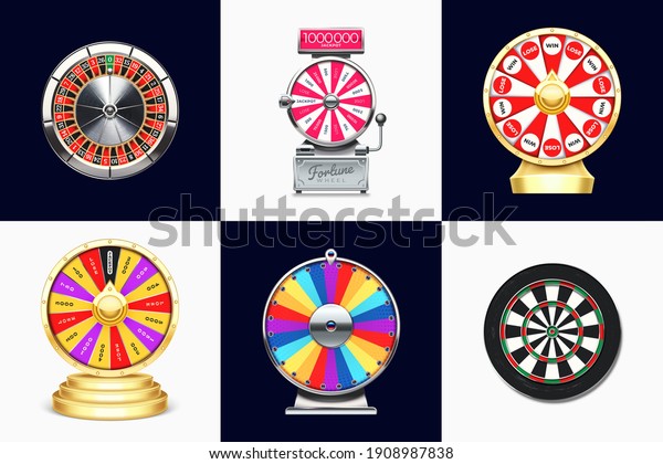 Fortune wheels. Casino roulette, spin to win game and\
dart board. Lucky chance wheel realistic 3D vector layered for\
animation illustration\
set