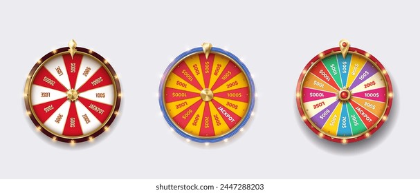 Fortune wheels colorful realistic vector illustration set. Luck win spin games. Casino roulettes 3d objects on white background