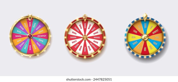 Fortune wheels colorful realistic vector illustration set. Luck win spin games. Casino roulettes 3d objects on white background