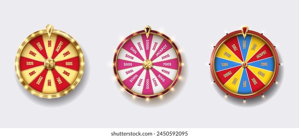 Fortune wheels colorful realistic vector illustration set. Luck win spin games. Casino roulettes 3d objects on white background