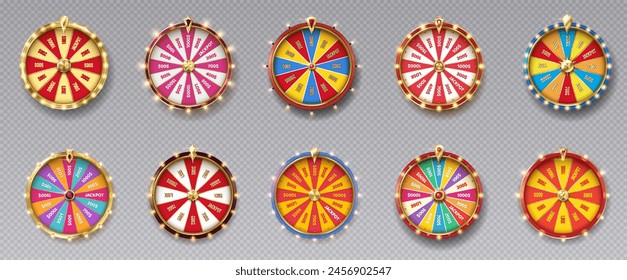 Fortune wheels colorful realistic vector illustration set. Luck win spin games. Casino roulettes 3d objects on transparent background