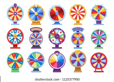 Fortune Wheels Flat Icons Set. Spin Lucky Wheel Casino Money Game Symbols. Fortune Wheel Game, Gamble Roulette Play. Vector Illustration
