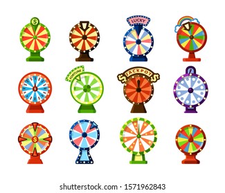 Fortune wheels flat vector color illustrations set. Jackpot spin win slots. Fortune roulettes bundle. Gambling, rotation game of chance. Casino lottery, lucky wheel isolated cartoon illustrations