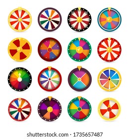 Fortune wheels. Gambling games logo set. Vegas casino tables logotypes collection. Money betting icon. Jackpot sign. Spin and win. Colorful round online leisure symbol. Risky stakes.