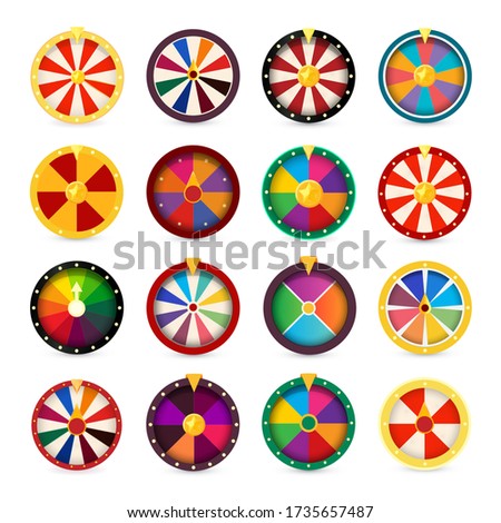 Fortune wheels. Gambling games logo set. Vegas casino tables logotypes collection. Money betting icon. Jackpot sign. Spin and win. Colorful round online leisure symbol. Risky stakes.