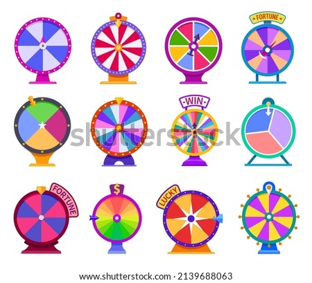 Fortune wheels icons. Game wheel spin, lottery casino roulettes. Prize gaming chance, lucky jackpot win. Winner entertainment, isolated exact vector icons