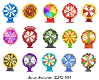 Fortune wheels. Lucky chance roulette wheel, spin to win circles and casino game elements vector illustration set of lucky game win chance