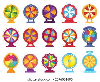 Fortune wheels, lucky spinning roulette, casino spin game. Colorful prize wheel, lottery prize roulettes games, money gambling flat vector set. Rotating equipment with random slots