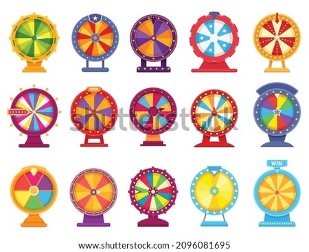Fortune wheels, lucky spinning roulette, casino spin game. Colorful prize wheel, lottery prize roulettes games, money gambling flat vector set. Rotating equipment with random slots