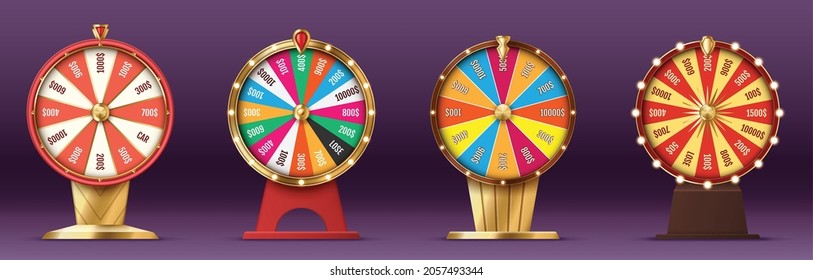 Fortune wheels set, game spin, realistic 3d lucky spinning, luxury gold roulette. Casino concept for gambling with modern winner fortune wheel. 3d vector illustration