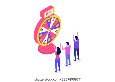 Fortune's wheel  with man and woman. Isometric vector illustration.