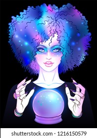 Fortuneteller With Crystal Ball And Magic Sky In Her Afro Hair. Vector Illustration. Gothic Design, Mystic Magic Symbol, Pastel Colors. Future Telling, Halloween Concept.