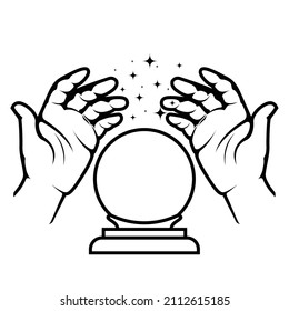 Fortune-teller glass ball and hands of soothsayer,  prediction magic sphere of warlock, vector
