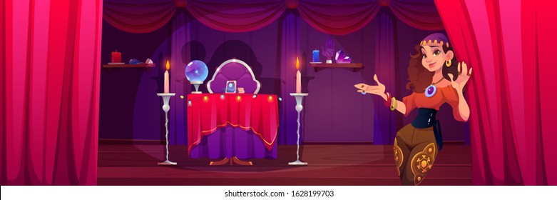 Fortuneteller gypsy woman invite at her mystical room with magic attributes for occultism crystal ball, tarot cards and burning candles, fortune-telling, future prediction Cartoon vector illustration
