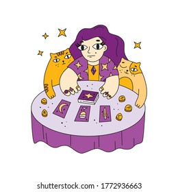 Fortuneteller at the table lays out tarot cards and runes. Witch, cats, magic, prediction, mascot for tarot, logo for fortune telling. Flat halloween illustration, cartoon characters 