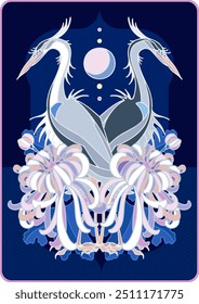 A fortune-telling card with herons, oriental chrysanthemums and the moon. The concept of mysticism and magic. A hand-drawn illustration, not AI