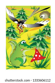 forty crocodile and hedgehog in the forest found fly agaric