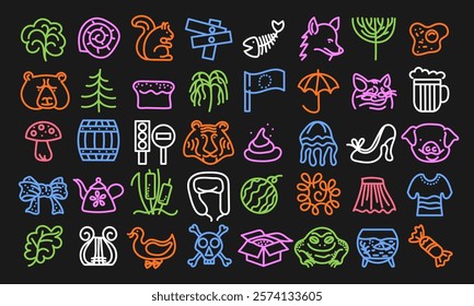 Forty cute doodles imitating children's drawings. Plants, animals, food, clothing and other objects. Vector set