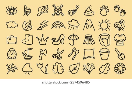 Forty cute doodles imitating children's drawings. Organics, natural phenomena, clothing, objects, plants. Vector set