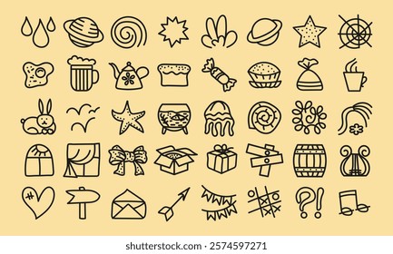 Forty cute doodles imitating children's drawings. Celestial bodies, food, fauna, household utensils, signs and symbols. Vector set