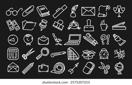 Forty cute doodles imitating children's drawings. Office objects, stationery and other. White icons and symbols on a black background. Vector set