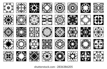 Forty decorative elements, ornamental compositions and mandalas inscribed in a square. Vector set