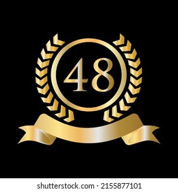 Forty Eight, 48 Anniversary Celebration Gold and Black Template. Luxury Style Gold Heraldic Crest Logo Element Vintage Laurel Vector