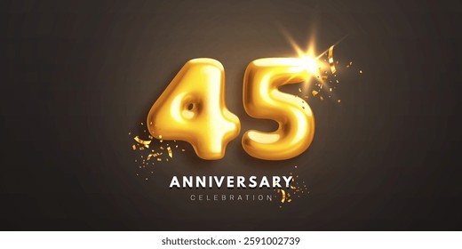 Forty fifth anniversary celebration banner. Realistic glossy 3d golden number 45 and sparkling confetti on black background. Greeting card for birthday or wedding anniversary. Vector illustration