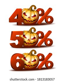 Forty, Fifty and Sixty percent discount icon with Scary Jack O Lantern halloween pumpkin. Template for Halloween sales. Vector illustration isolated on white background