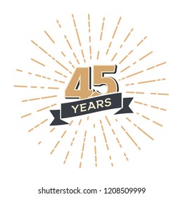 Forty five anniversary retro vector emblem isolated template. Vintage logo fourty fifth 45th years with ribbon and fireworks on white background