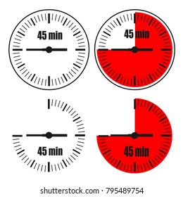 Forty Five Minutes Clock on white background. Four options.