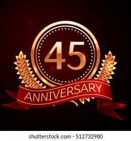 Forty five years anniversary celebration with golden ring and ribbon.