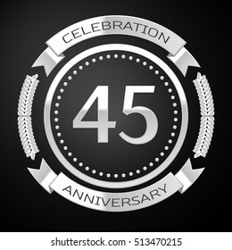 Forty five years anniversary celebration with silver ring and ribbon on black background. Vector illustration