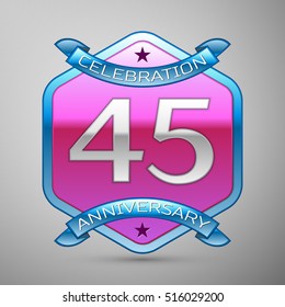 Forty five years anniversary celebration silver logo with blue ribbon and purple hexagonal ornament on grey background.