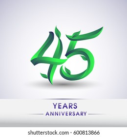 forty five years anniversary celebration logotype with leaf and green colored. 45th birthday logo on white background.