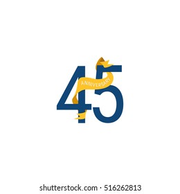 Forty Five Years Anniversary with Yellow Ribbon. 45th Logo Celebration Isolated on White Background