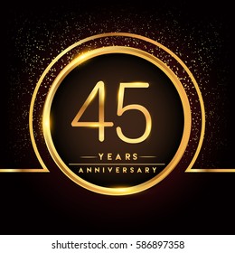 forty five years birthday celebration logotype. 45th anniversary logo with confetti and golden ring isolated on black background, vector design for greeting card and invitation card.