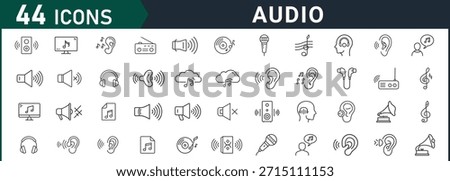 Forty four distinct hand drawn black and white line icons illustrating a comprehensive set of concepts centered around audio technology including volume controls music files headphones microphones ra