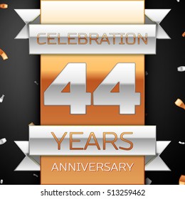 Forty four years anniversary celebration golden and silver background. Anniversary ribbon