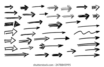 Cuarenta flechas dibujadas a mano de diferentes tipos, Formas y longitudes. Garabatos y garabatos. juego de Vectores