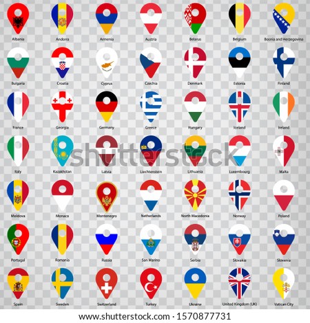 Forty nine flags of European countries - alphabetical order with name.  Set of 2d geolocation signs like national flags of  Europre. Forty nine geolocation signs for your web site design, logo, app.