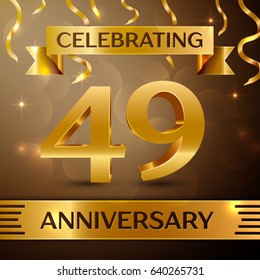 Forty nine Years Anniversary Celebration Design. Confetti and gold ribbon on golden background. Colorful Vector template elements for your birthday party. Anniversary ribbon