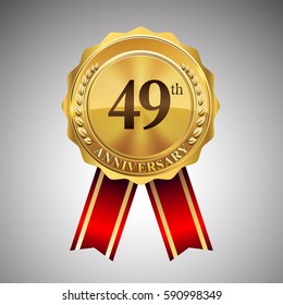 forty nine years anniversary logotype, with golden badge and red ribbon, vector elements for birthday celebration