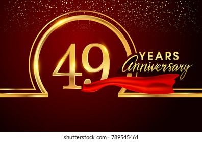 forty nine years birthday celebration logotype. 40th anniversary logo with confetti and golden ring, red ribbon isolated on red background, vector design for greeting card and invitation card.