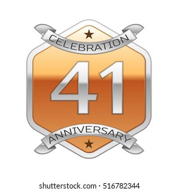 Forty one years anniversary celebration silver logo with silver ribbon and golden hexagonal ornament on white background.