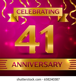 Forty one Years Anniversary Celebration Design. Confetti and golden ribbon on pink background. Colorful Vector template elements for your birthday party. Anniversary ribbon