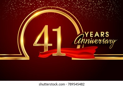 forty one years birthday celebration logotype. 41st anniversary logo with confetti and golden ring, red ribbon isolated on red background, vector design for greeting card and invitation card.