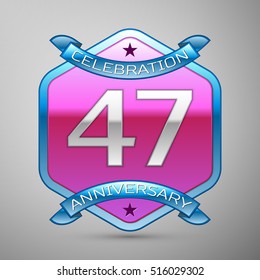 Forty seven years anniversary celebration silver logo with blue ribbon and purple hexagonal ornament on grey background.